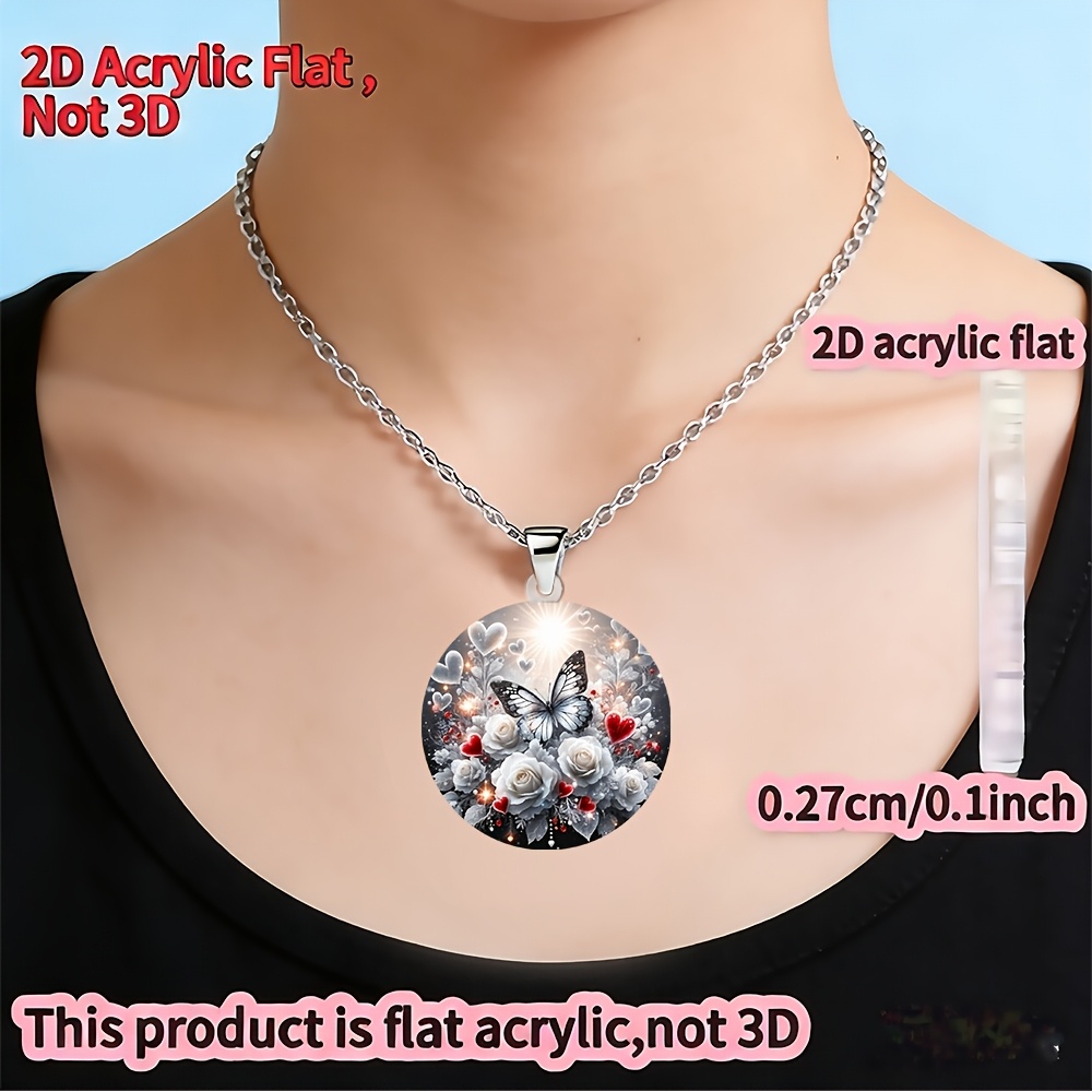 2D Acrylic Snow Butterfly & Rose Flower Pendant Necklace, Whimsical Design